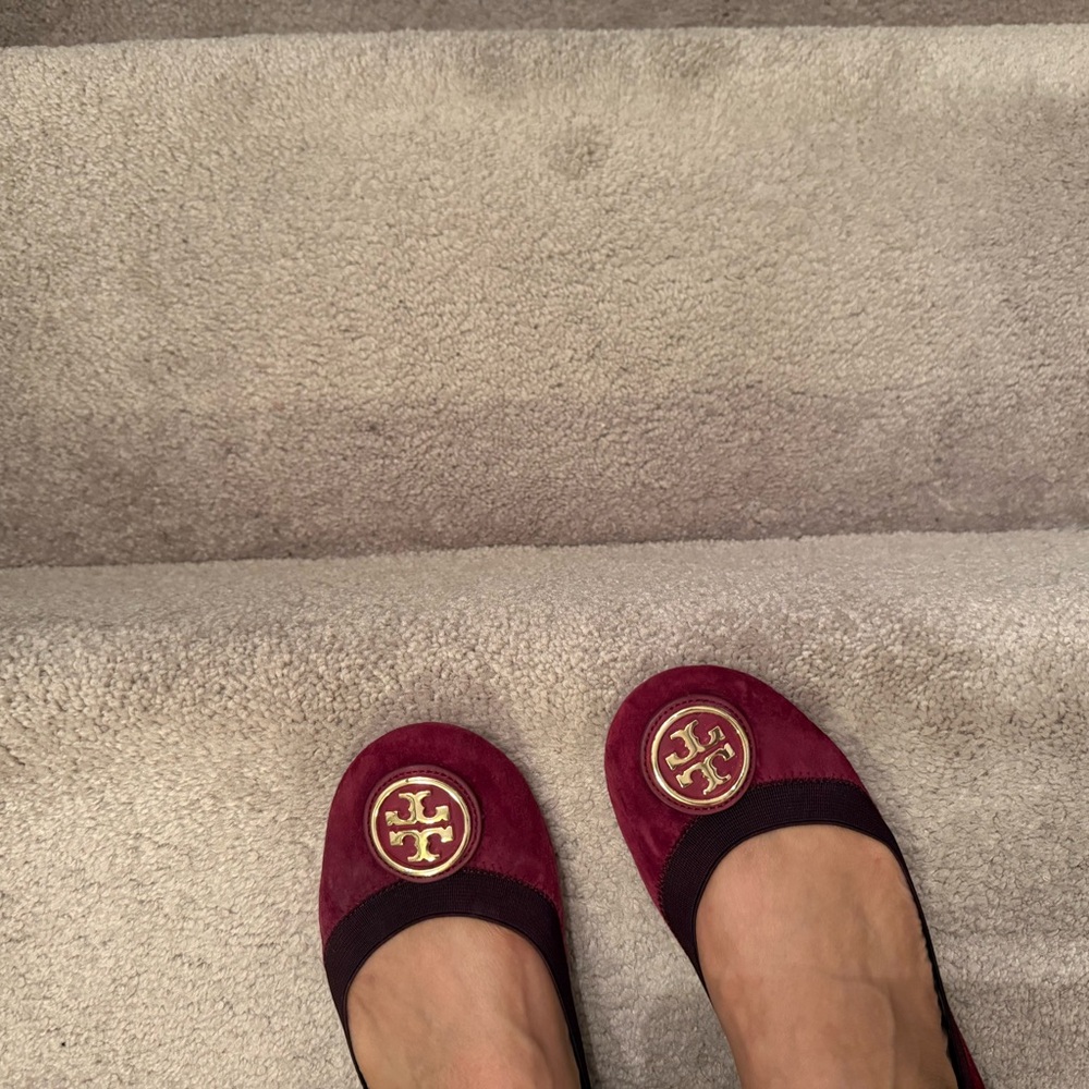 Tory Burch Red Suede Flats with Logo - Picture 2 of 12